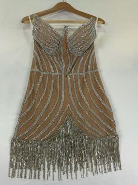 Jessica Bara Embellished Nude Mini Dress with Silver Fringe